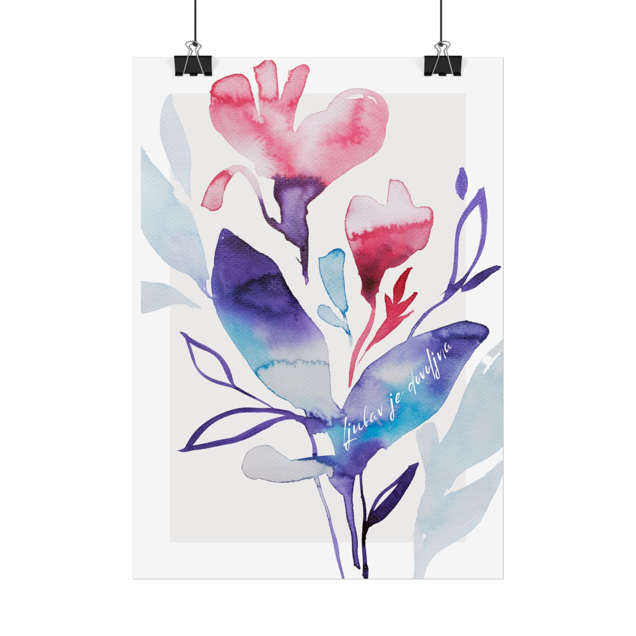 Botanische Aquarellkunst – Blaue Blätter & Rosa Blüten