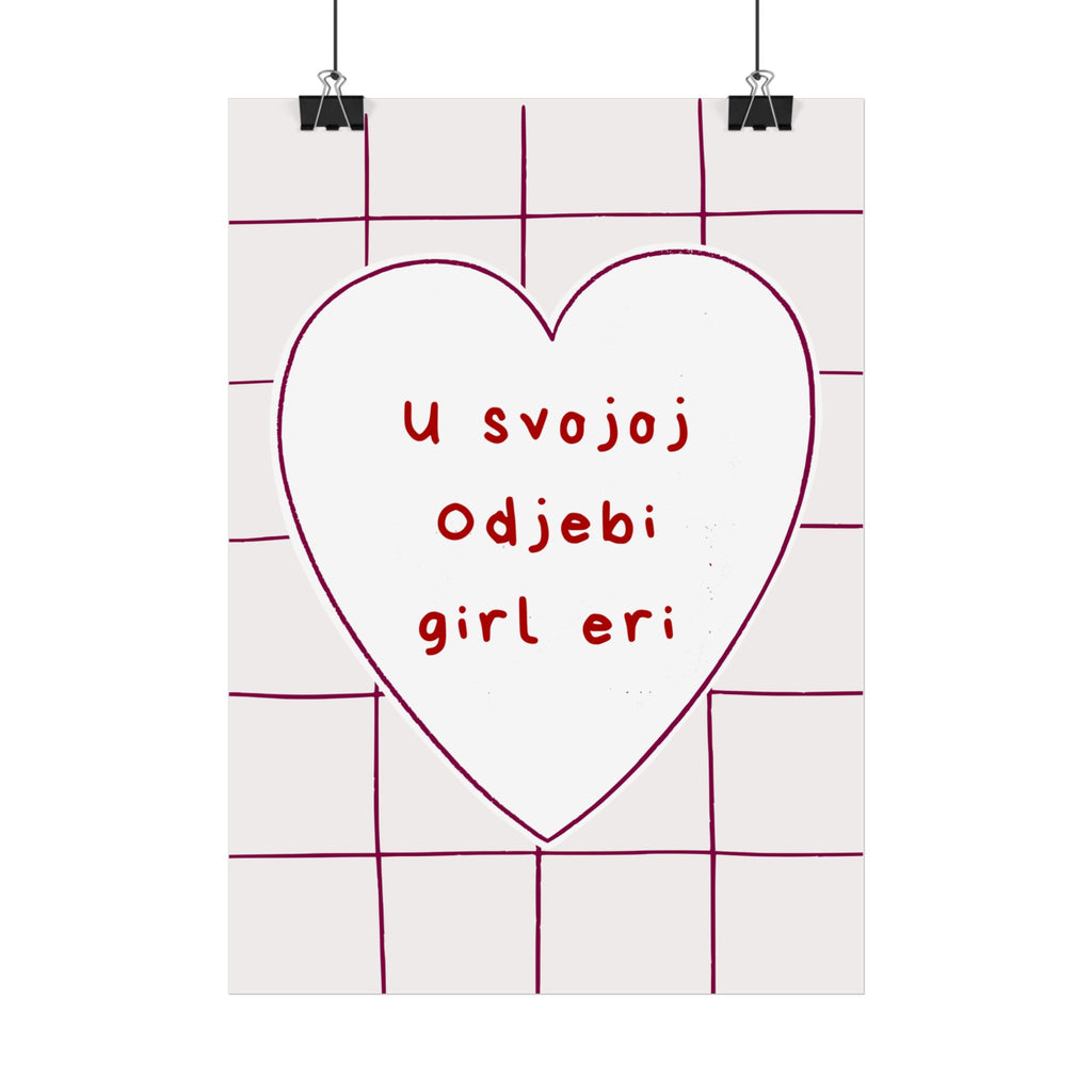 Heart Grid Poster sa srpskom frazom „U svojoj odjebi, girl eri“ – Zidna umjetnost ženstvene estetike