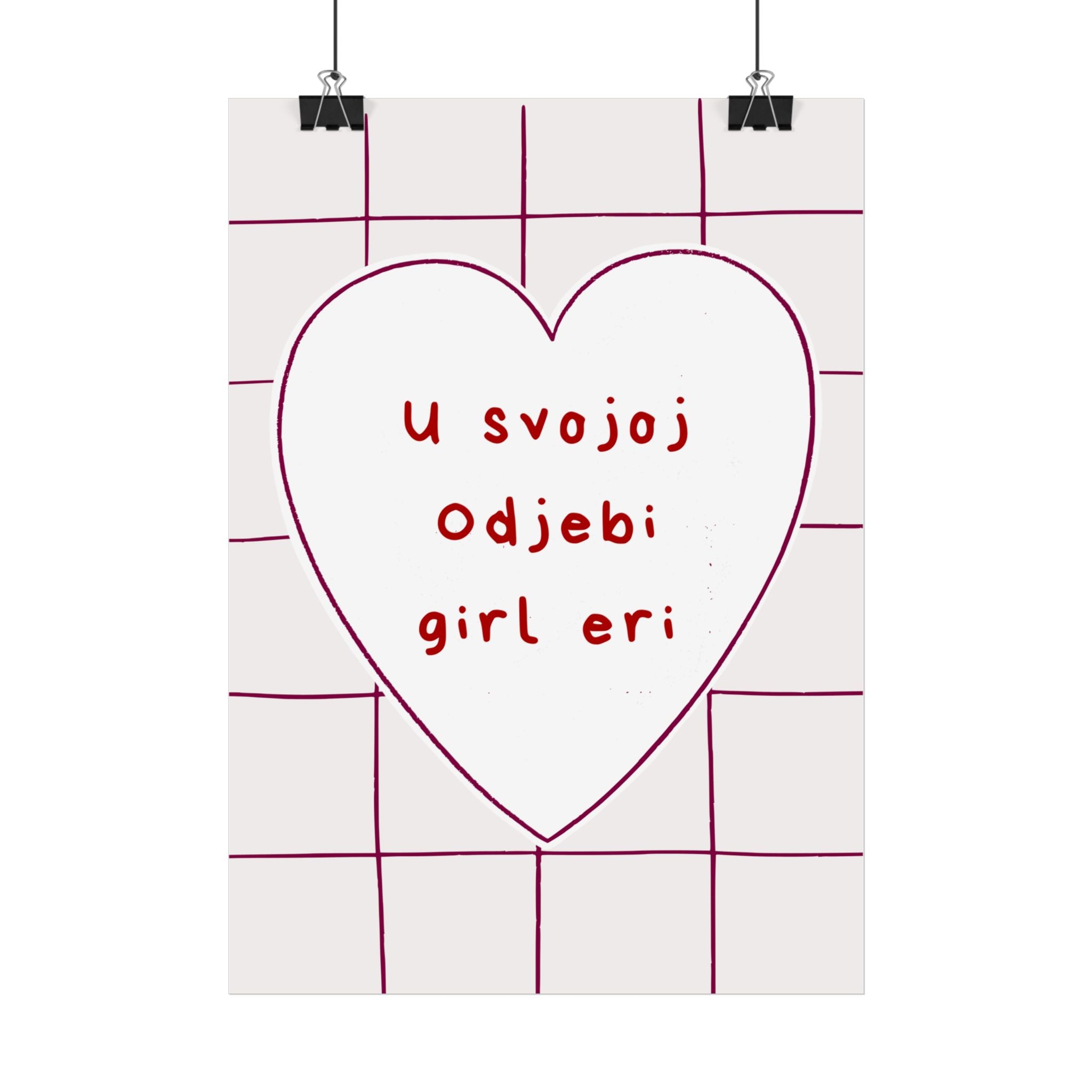 Heart Grid Poster sa srpskom frazom „U svojoj odjebi, girl eri“ – Zidna umjetnost ženstvene estetike
