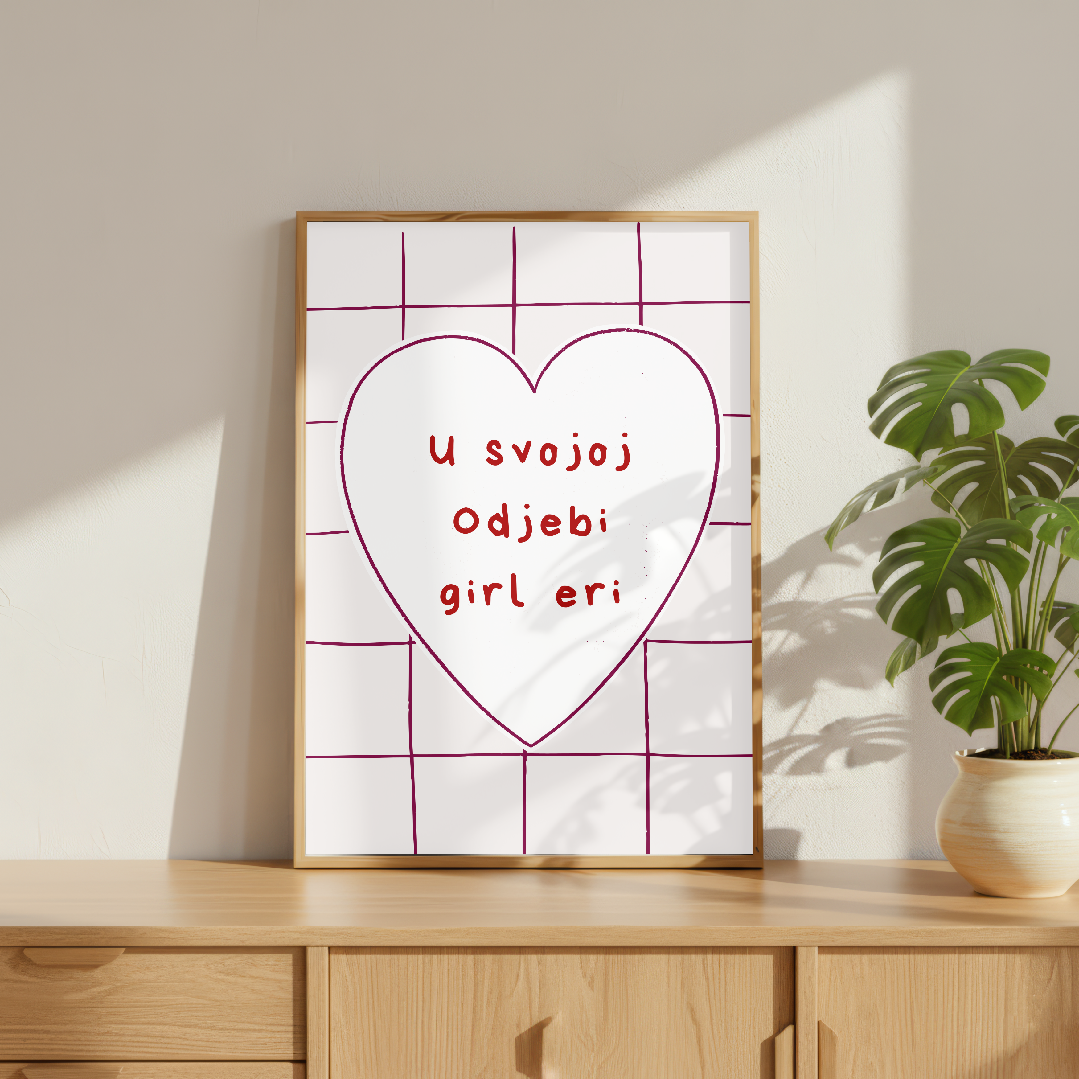 Heart Grid Poster sa srpskom frazom „U svojoj odjebi, girl eri“ – Zidna umjetnost ženstvene estetike