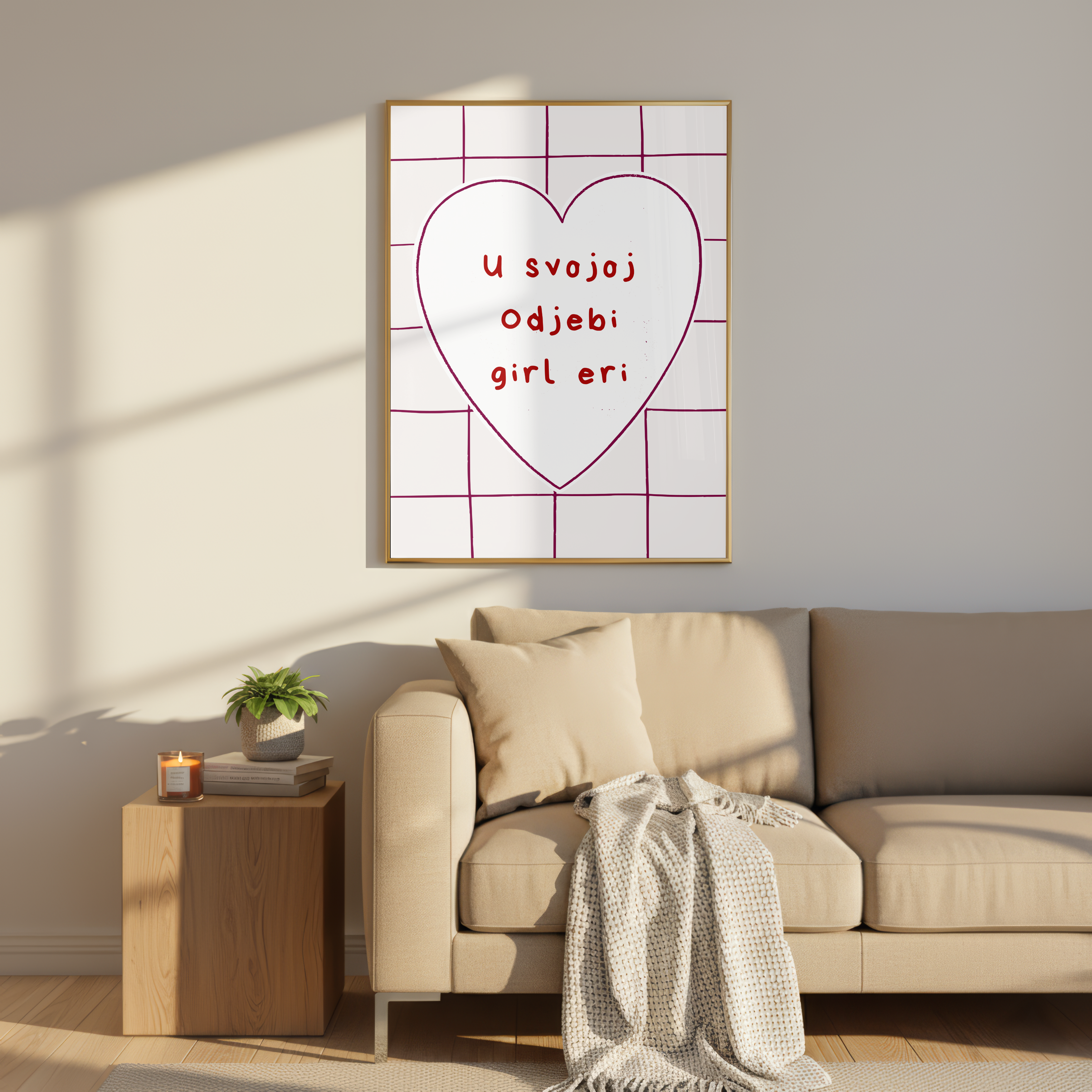 Heart Grid Poster sa srpskom frazom „U svojoj odjebi, girl eri“ – Zidna umjetnost ženstvene estetike