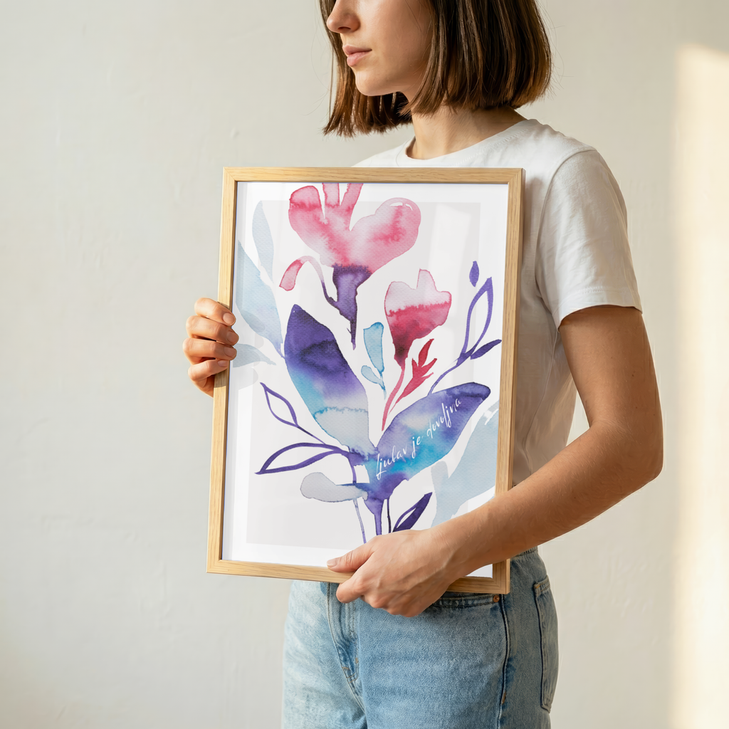 Botanische Aquarellkunst – Blaue Blätter & Rosa Blüten