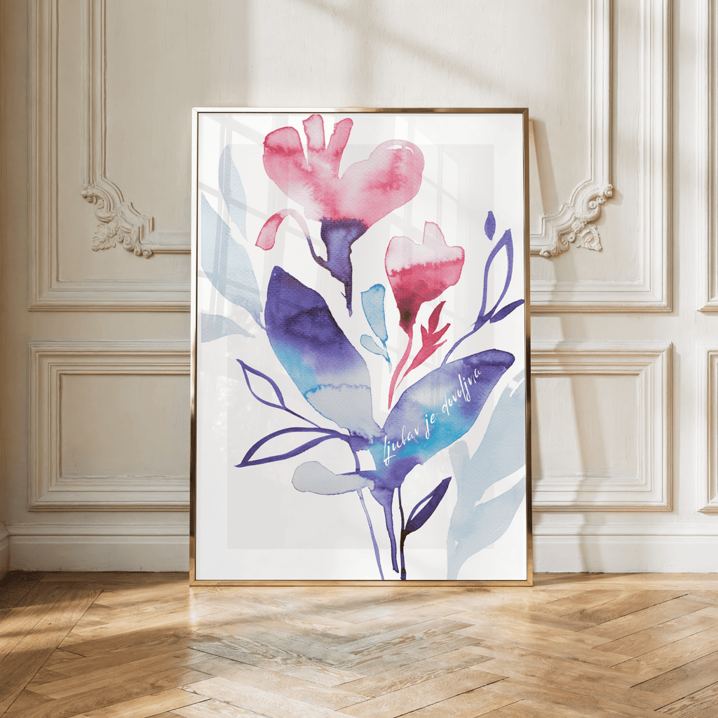Botanische Aquarellkunst – Blaue Blätter & Rosa Blüten