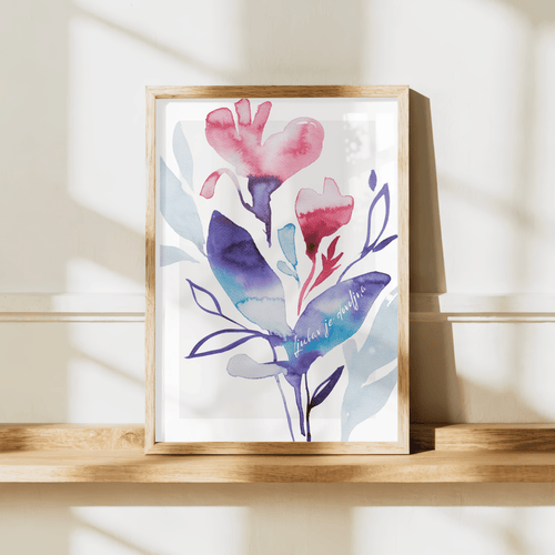 Botanische Aquarellkunst – Blaue Blätter & Rosa Blüten