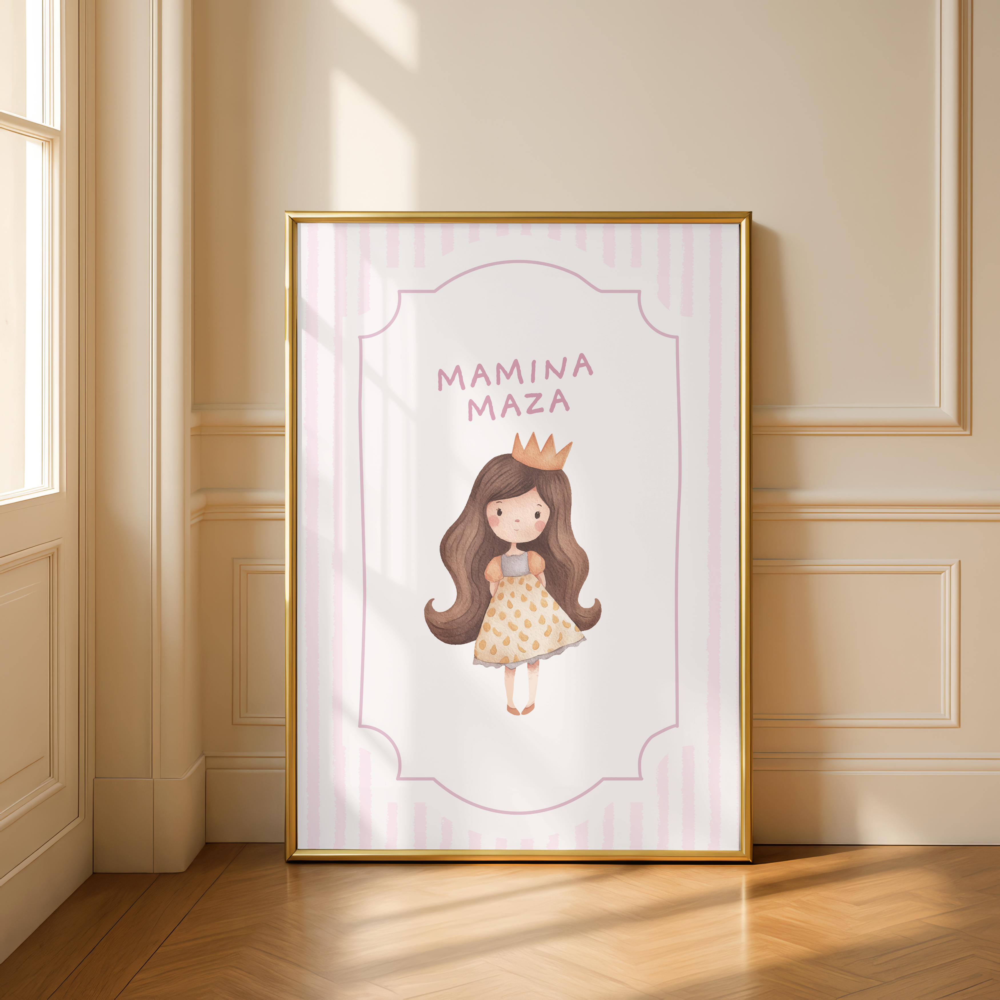„Mamas Schmusekatze“ | Süßes Mädchen mit Krone Illustration fürs Kinderzimmer